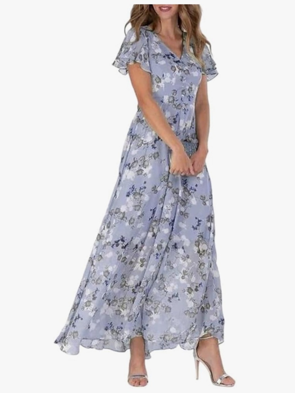 Boho Lavender Blue Floral Chiffon Maxi Dress V-Neck Flutter Sleeve Size XL